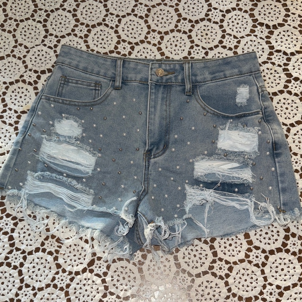BRAND NEW SHEIN Distressed Beaded Denim Women Shorts size 29